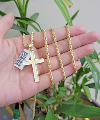 10k Yellow Gold Rope Chain & Cross Charm Set REAL 10KT 20 Inch necklace ...