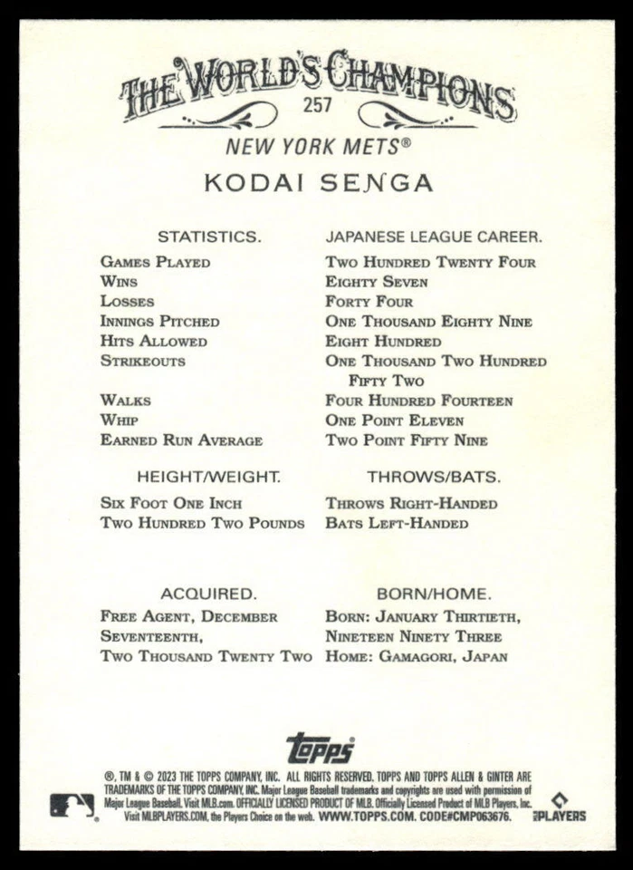 2023 Topps Allen & Ginter X Kodai Senga #257 RC New York Mets - Image 2 of 2