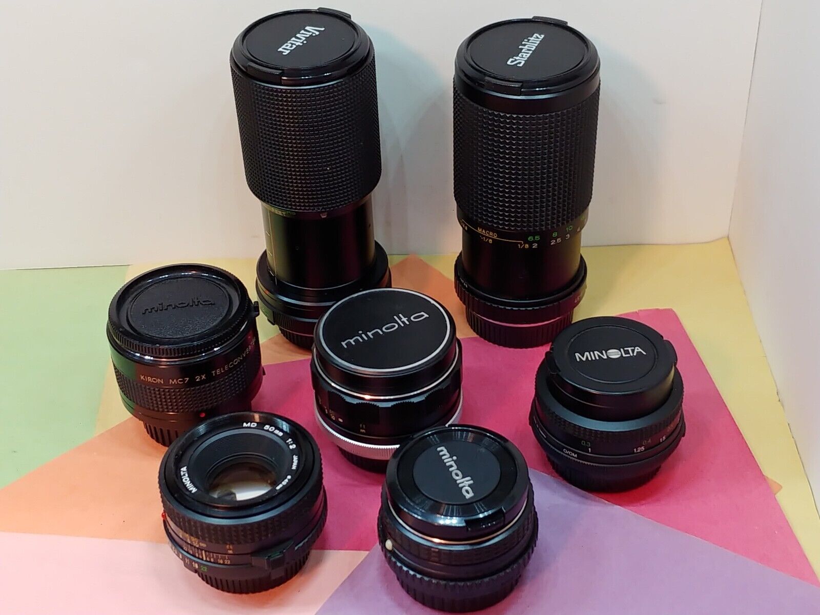 ,,. Minolta 24mm 28mm 50mm 58mm 100mm 125mm 200mm Wide Angle Prime lens MD mount