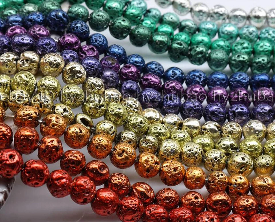 Круглые бусины россыпью из радужной лавы и камня 6-12 мм с гальваническим покрытием - Изображение 2 из 4
