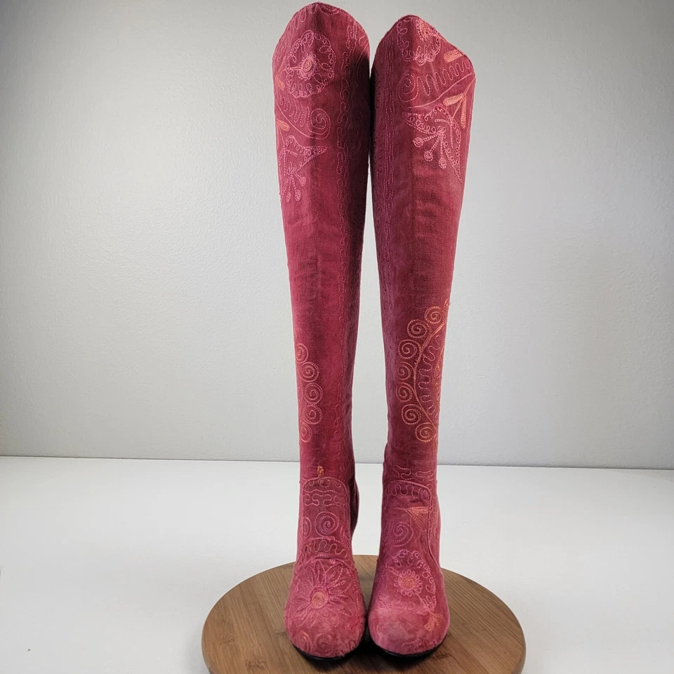 O' Suzani Embroidered OTK Tall Velvet Red Boots Over The Knee Shoes Sz 9 Heels  - Image 2 of 4
