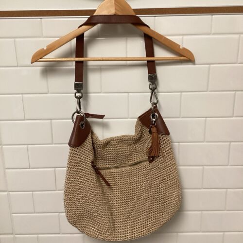 The Sak Tan Brown Crochet Double Handle Shoulder Bag Boho Zip Closure Purse - Picture 2 of 19