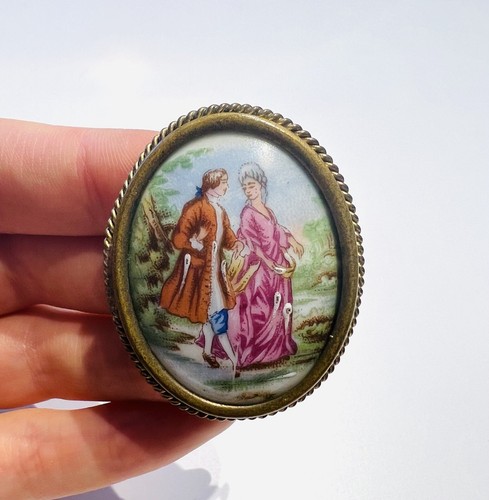 Vintage Limoges France Porcelain Couple Portrait Brooch