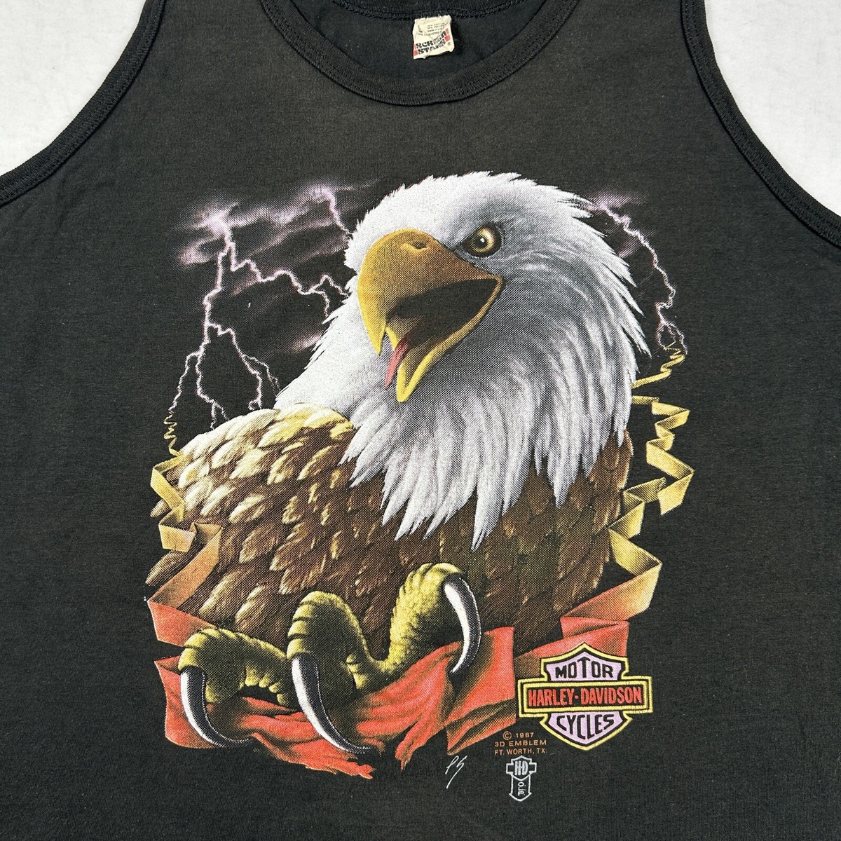 vtg 80s 3D EMBLEM HARLEY DAVIDSON MOTORCYCLE THUNDER TANK TOP T