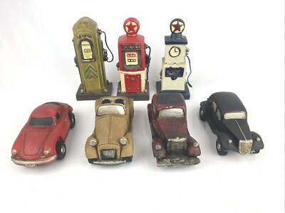 #ad Lot Of 7 4 Polystone Old Cars and 3 Old Gas Pumps Greenbrier Inter. Inc. $31.95
