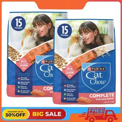 2 Packs Cat Chow Complete High Protein Dry Cat Food with Real Salmon, 15 lb Bag