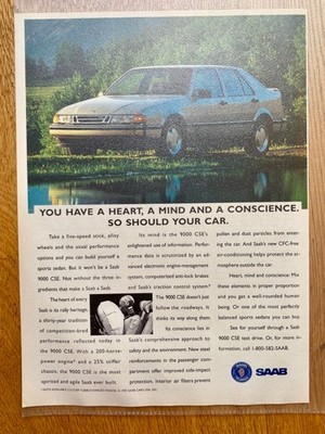 Saab 9000 CSE Heart Mind Conscience 1993 Vintage Ad Werbung Reklame