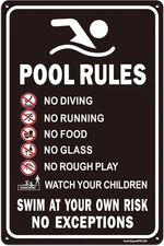 Tin Metal Signs Home Décor 8x12 Pool Rules , No Diving No Running No Food No Gla