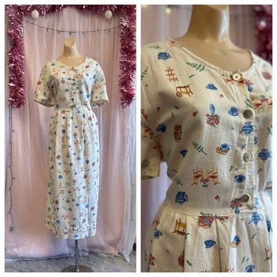 Vintage Inspired Maxi Shirt Dress Linen Teapot Novelty Print Boho Lagenlook 16