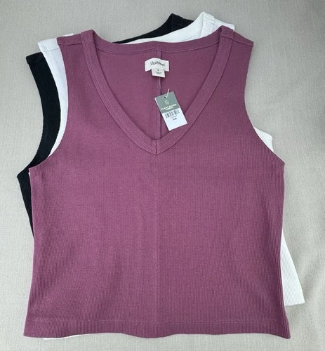 Lot of 3 UpWest Ribbed Knit V- Neck Sleeveless Tank Top Size S White Pink Black