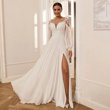 Summer Beach Wedding Dress Customized Puff Sleeves Sheer Round Neck Beading