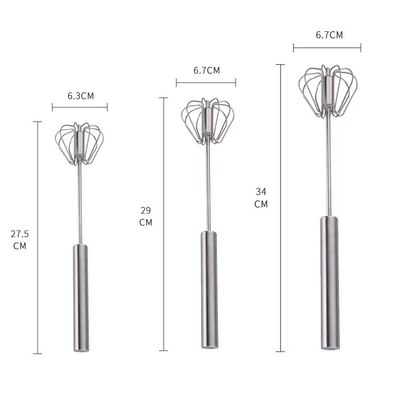 3x Stainless Steel Egg Whisk,Hand Push Rotary Whisk Blender,