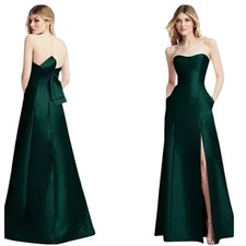 NWT Alfred Sung Strapless A-line Satin Gown Modern Bow Detail Evergreen 14