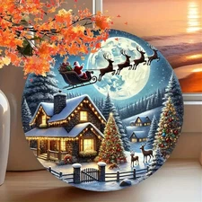 1pc Large Round Christmas Decoration - Vintage Winter Wonderland Scene with Sant