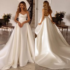 Elegant Mermaid Wedding Dresses Overskirts V Neck Satin Bridal Gowns With Sweep 