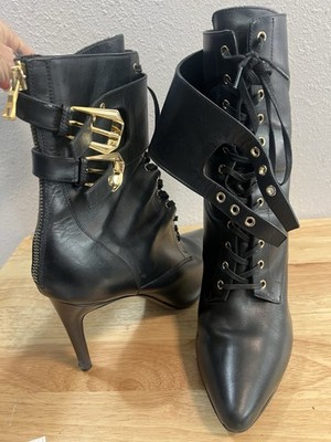 Balmain Boots 41 Gold Buckles Harness Lace Up Black Leather High Heel Ankle Moto