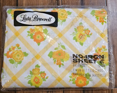 Vintage Lady Pepperell No Iron Yellow Checkerboard Floral Twin Fitted Sheet USA
