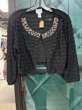 Chico  s Travelers Black Ruffled Open Front Bolero Beaded Jacket - Size 1