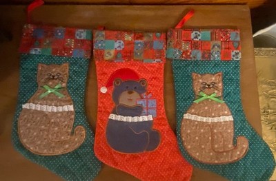 3 Vintage Avon Quilted Country Christmas Stockings 2 Kittens ~ Teddy Bear