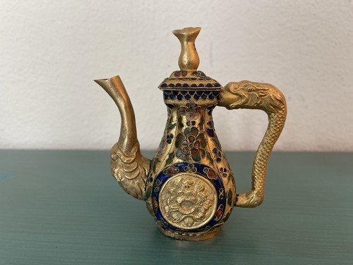 Vintage Cloisonné Enamel Chinese Teapot 6 Tea Cups Plate Brass Miniature - Picture 3 of 8