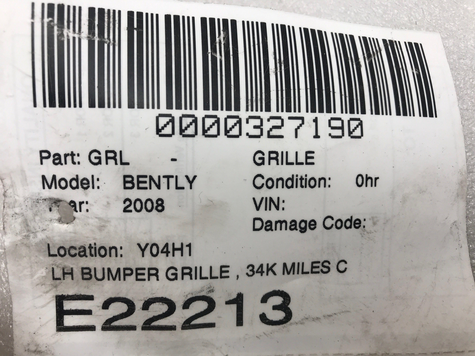 2008 BENTLEY CONTINENTAL GTC Drivers Side LH Bumper Grille
