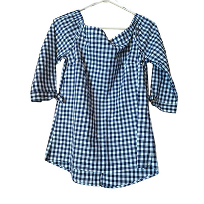 Cupio Off Shoulder Women's Small Blue Gingham Plaid 3/4 Sleeve Blouse New