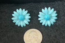 Vintage Retro Aqua Enamel Daisy Flower Clip Earrings