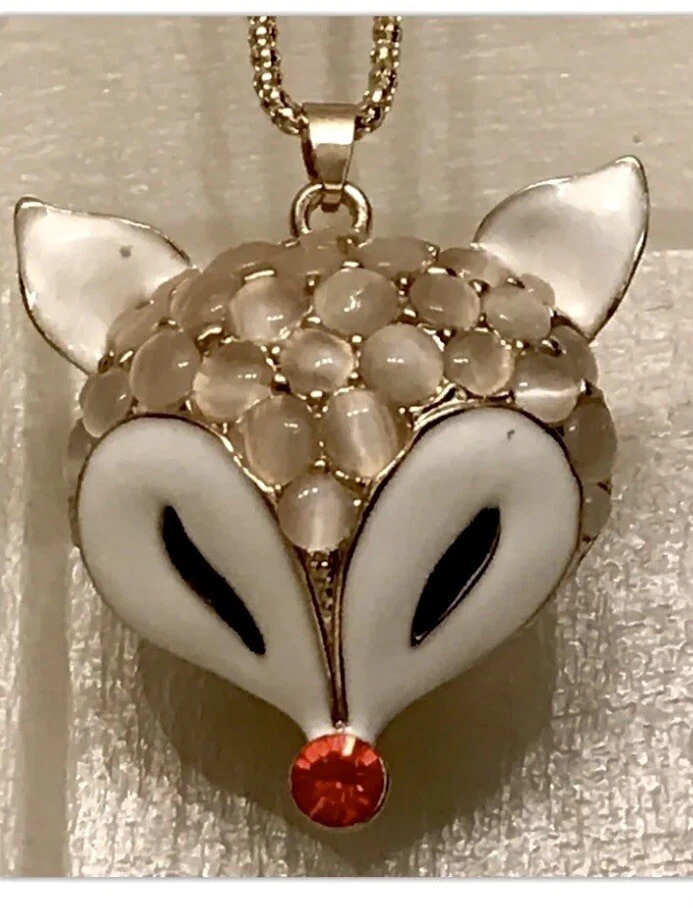 Betsey Johnson Crystal White Enamel Fox Head Fox Pendant Necklace