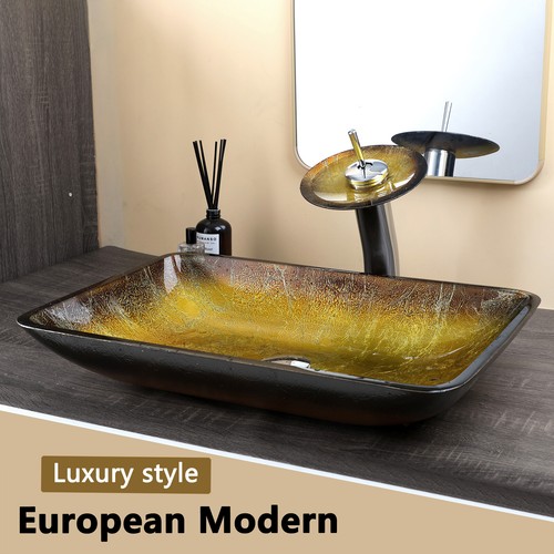 22" Rectangle Bathroom Vessel Sink Tempered Glass Basin Sink+Black Faucet Taps - Picture 24 of 49