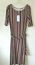 Warehouse Striped Midi  Dress Sz 10 Belt Stretchy Jersey Black Pink New
