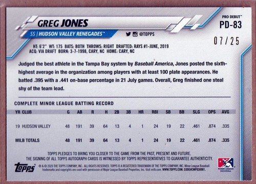 2020 Topps Pro Debut Autographs Orange #PD83 Greg Jones AUTO /25 - Picture 2 of 2