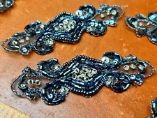 appliques 7/8x3.5" metallic glass beads sequins hand sewn 1pc gunmetal