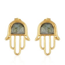 18k Gold Plated Silver Hamsa Hand Earring Labradorite Gemstone Stud Jewelry