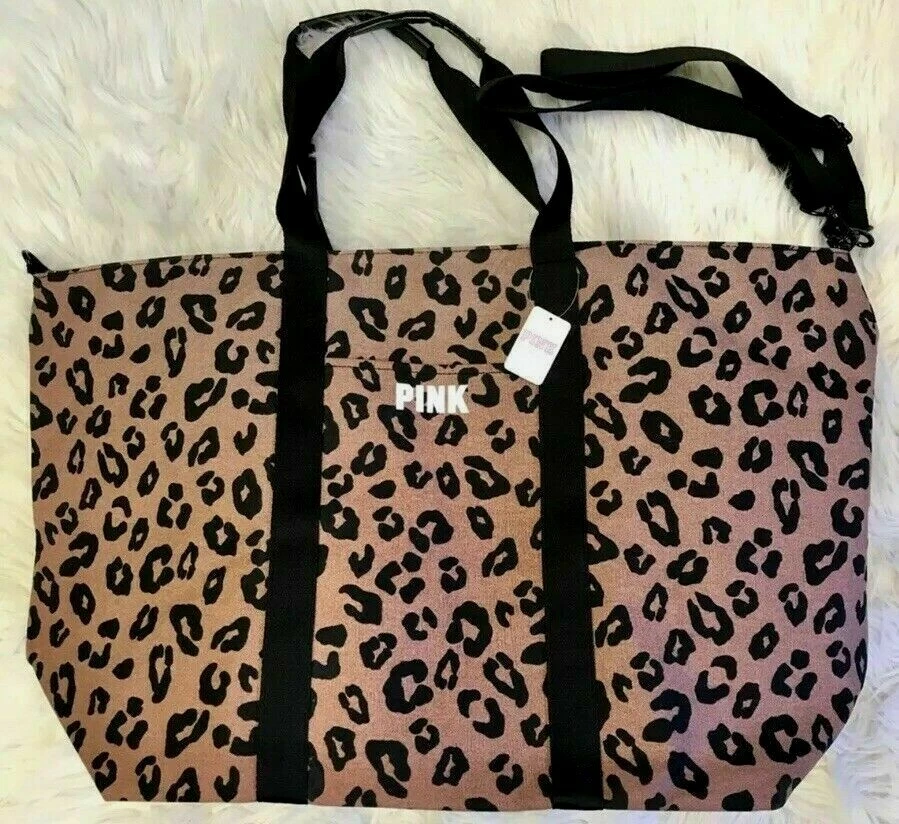 Bolso de Mano Victoria's Secret Rosa Leopardo Grande 23" x 14" Cremallera Superior Cacao en Polvo Nuevo en Paquete Foto 2 de 4