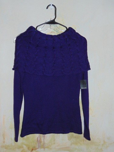 Tahari Cowl Neck Sweater Purple Abstract Cable Womens Knit Whimsigoth Classic XS - Picture 4 of 13