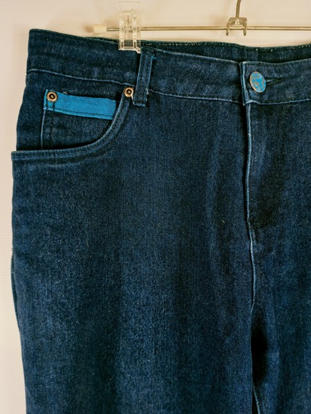 TWIN LAKES Size 14 Blue & Teal Tapered Leg Denim Jeans Original Hem EXC