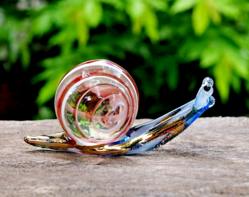 Blue Maroon Snail  handmade blown art glass figurine 2.25" Decor Gift - Cute - Picture 1 of 11