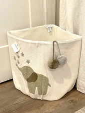 Pottery Barn Kids Embroidered Elephant Icon Toy Storage Canvas Tote Basket NEW
