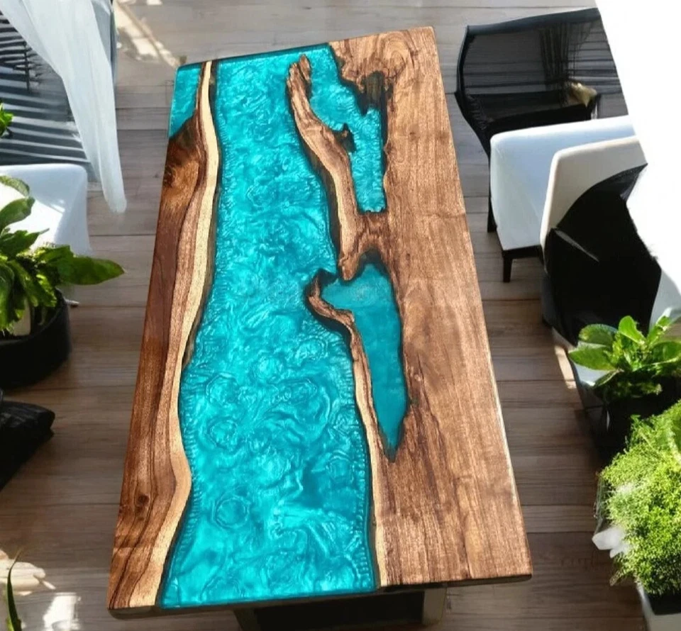 Epoxy Resin Dining Table Top Handmade Wooden Live Edge Office Meeting Furniture - Image 2 of 4
