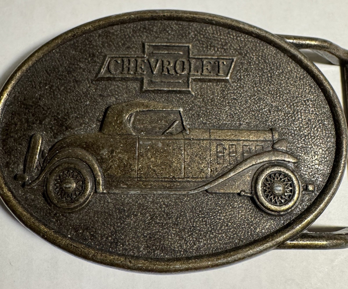 Vintage Chevrolet Bowtie Belt Buckle R.J. Roberts Co Rochester MI 43063 Pewter View 3