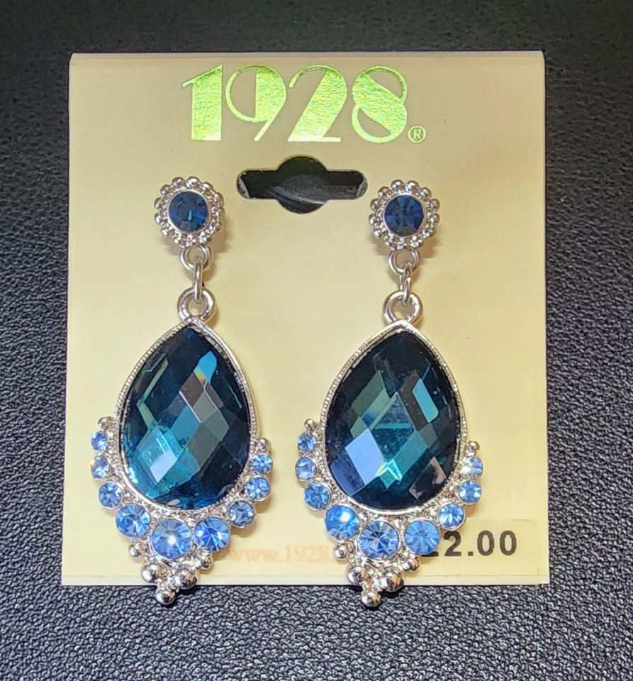 1928 Silver Tone Blue Teardrop Crystal Dangle Earrings with Light Blue... - Image 2 of 3