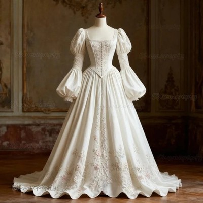  Lace Appliques Long Sleeve Square Collar Medieval Princess Satin Bride Gown