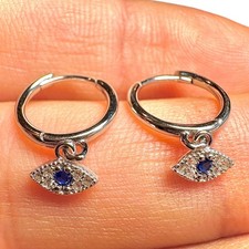 925 Sterling Silver Evil Eye Huggie Hoop Earrings 12mm Blue CZ Dangle