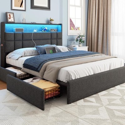 Queen Size Bed Frame with 4 Storage Drawers and LED Lights, Upholstered Platform