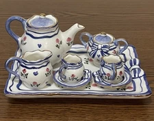 Vintage Hand Painted Miniature Porcelain Tea Set Of 10 Pcs. FLORAL & BLUE RIBBON