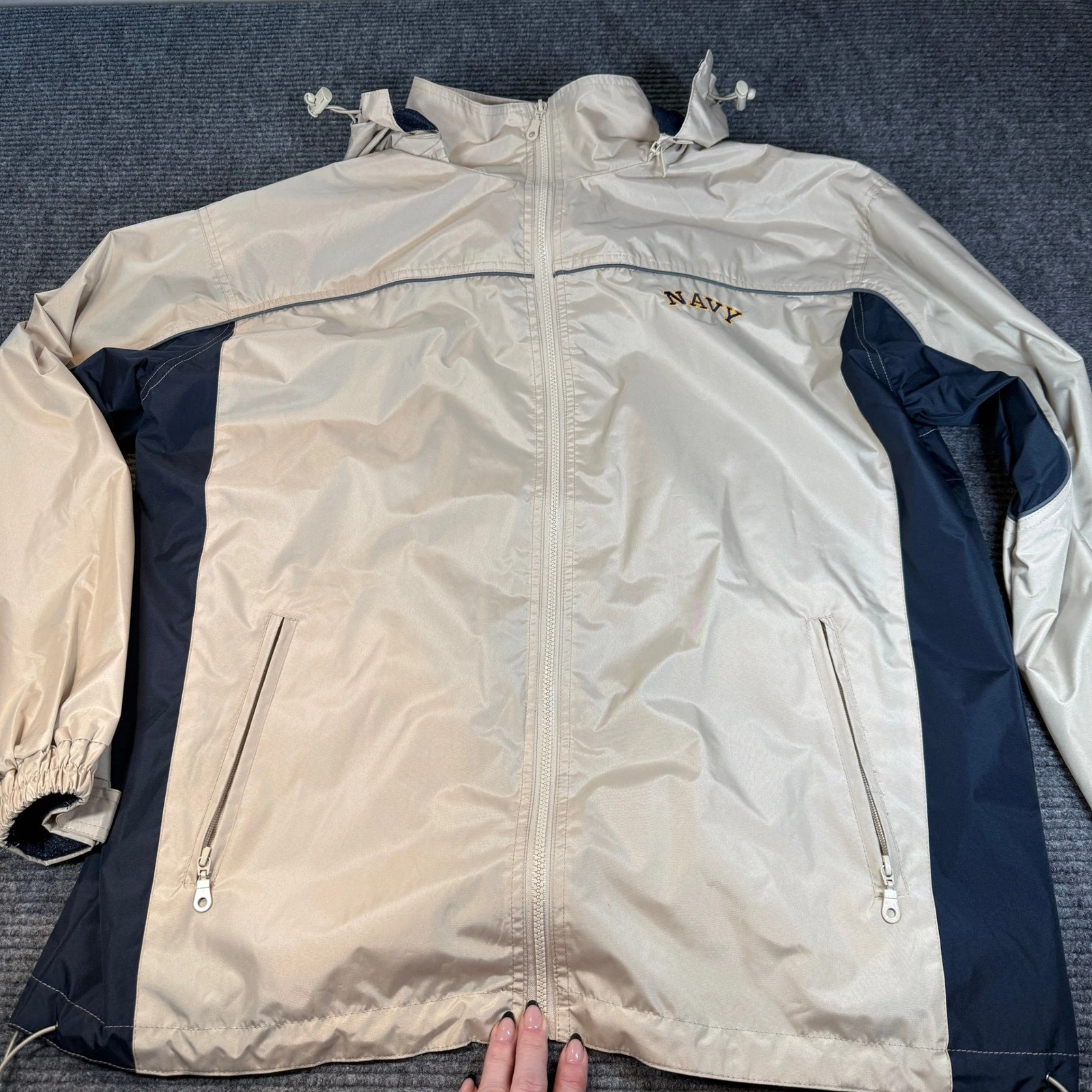 Cheneral Mens Navy Windbreaker Jacket Full Zip Hooded Beige Blue XL
Opens in a new window or tab