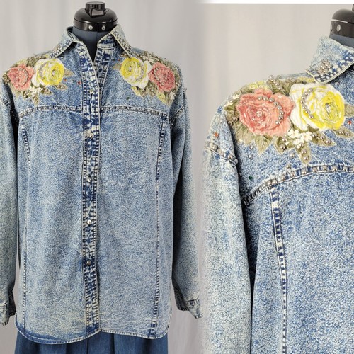 Vtg Pretty Bleu Acid Wash Denim Shirt w Applique Florals & Rhinestones Size M - Afbeelding 1 van 20
