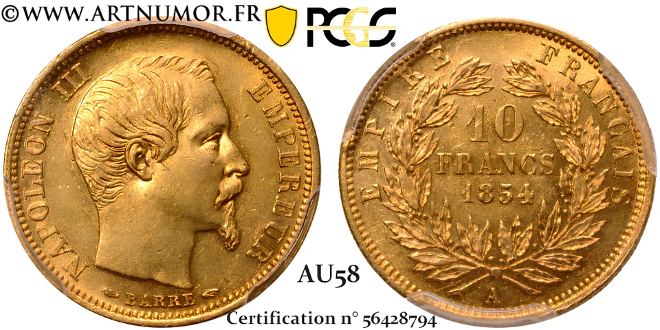 Napoléon III - 10 Francs Or petit module, 1854 A Paris Tr. Cann | PCGS AU58 - Photo 1/1