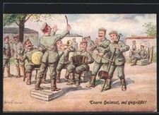 Cartolina d'artista pubblicitaria Hoffmann: Castosa patria saluti, soldati che fanno musica 