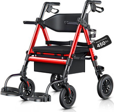 Heavy Duty 2-in-1 Rollator Wheelchair Combo for Seniors, 450 lb Capacity, Red